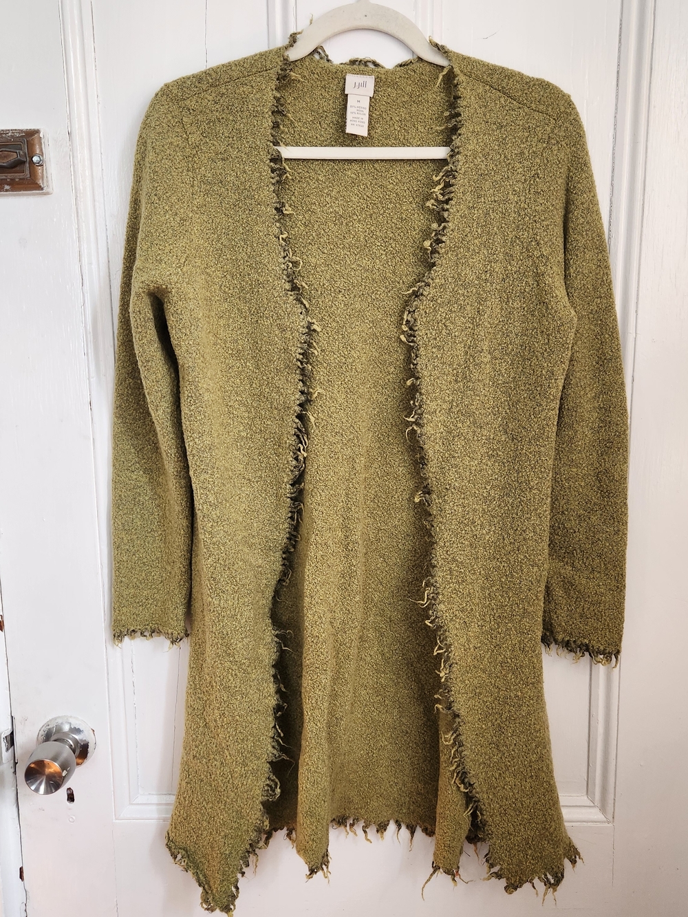 J. Jill Olive Green Merino Wool Blend Open-Front Fringe Cardigan Sweater Size M